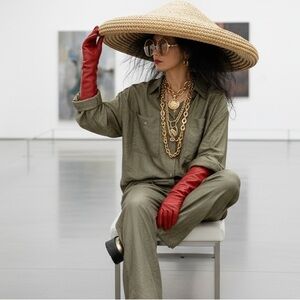 Vintage 80s Silk Set Padded Shoulder Power Suit Camel Tan Utility Pants M